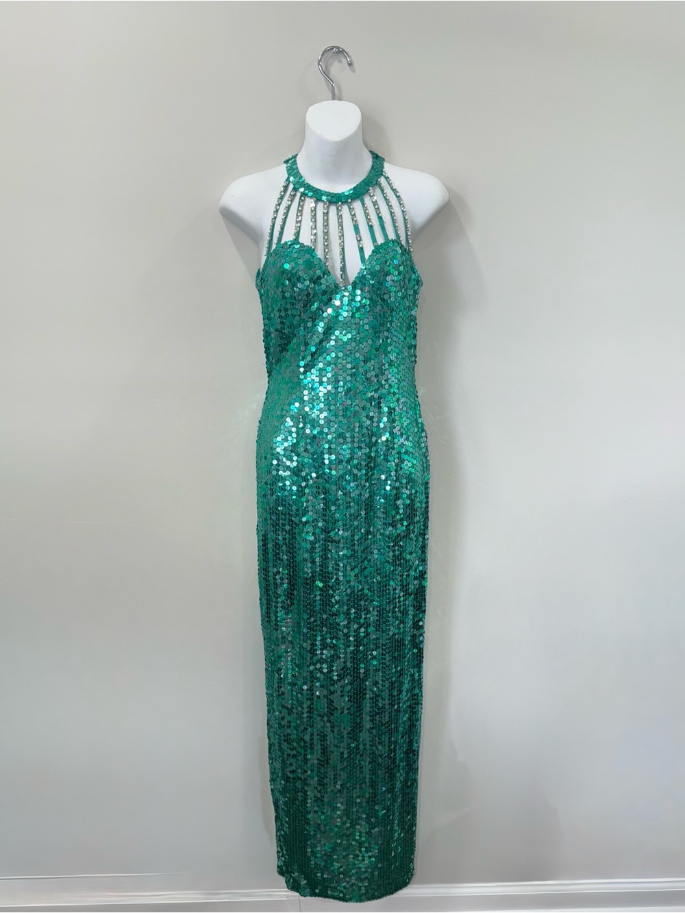 Vintage Cache Emerald Sequin Halter Gown Women’s Size 4 Formal